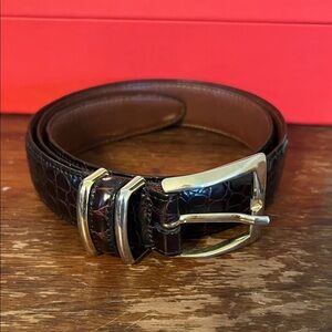 Vintage Bachrach  Dark Brown Croc-Embossed Leather Belt with Gold Buckle